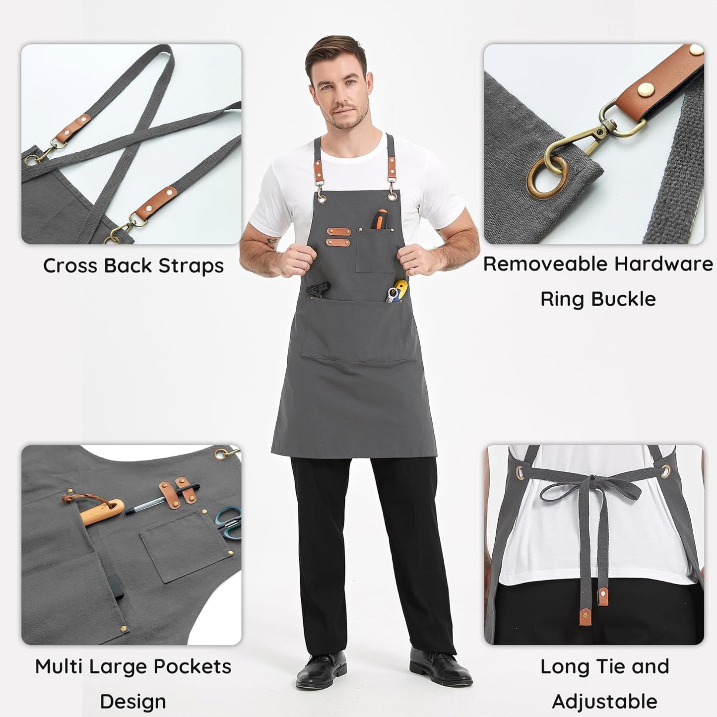 Canvas Aprons, Kitchen Chef Aprons, Work Aprons for Men Women, Adjustable Strap Aprons with 3 Pockets