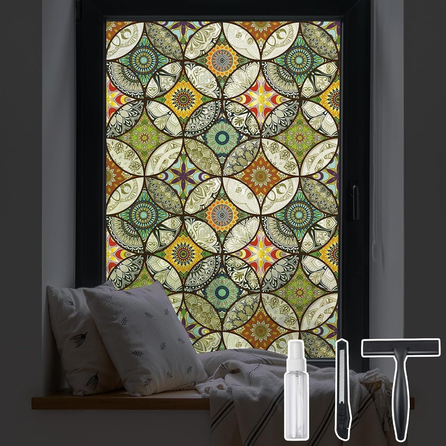 DKTIE Static Cling Decorative Window Film with Installation Tools Non Adhesive Privacy Film Stained Glass Window Film for Bathroom Shower Door Heat Cotrol Anti UV 35.4 x 118.1 Inch