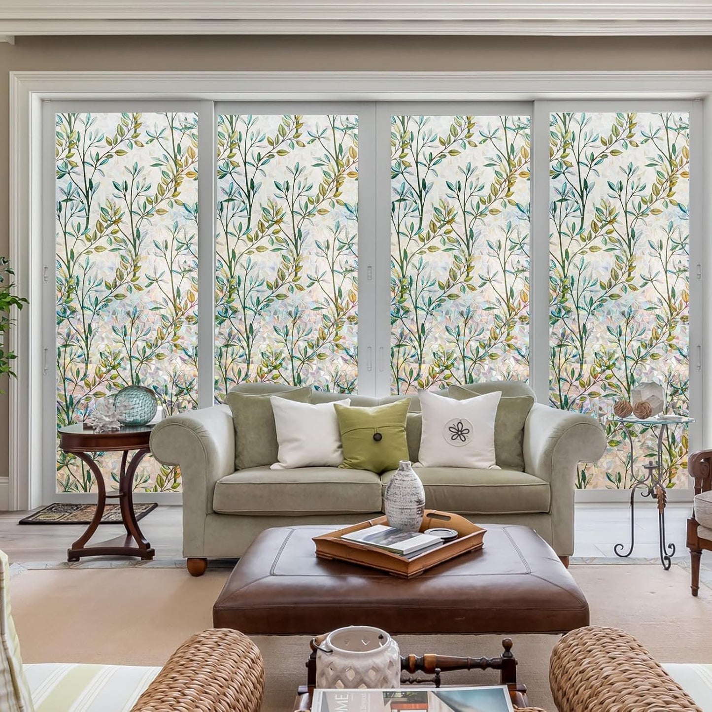 Donox Window Privacy Film, Leaf Rainbow Window Film Decorative Stained Glass Window Film, Anti-UV Sun Blocker Heat Control for Home, 17.5 Inch x 6.5 Feet (with Installation Tool)