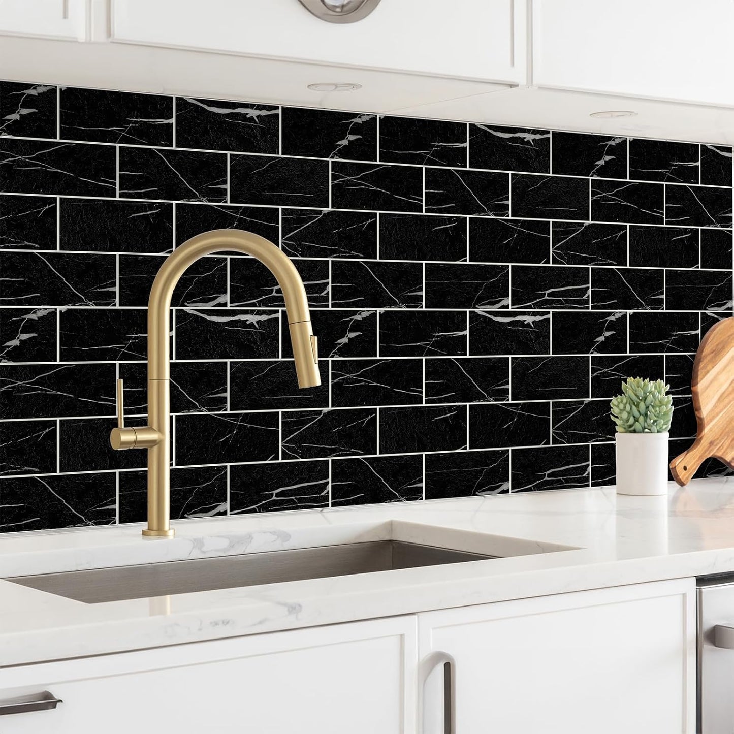 100 Pieces Peel and Stick Backsplash for Kitchen, 3" x 6" PVC Subway Tile Upgraded Nero Marquina with White Grout Backsplash Stick on Tile Elevate Kitchen, Bathroom, Fireplace,RV