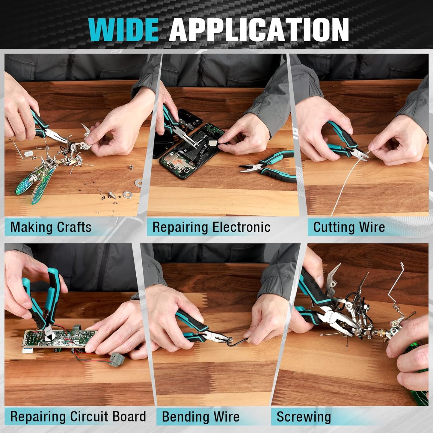 DURATECH Mini Pliers Set, 6PCS Jewelry Pliers Set, CRV Construction, Includes Needle Nose, Diagonal, Long Nose, Bent Nose, End Cutting and Linesman Pliers, for Making Crafts, Repairing Electronic