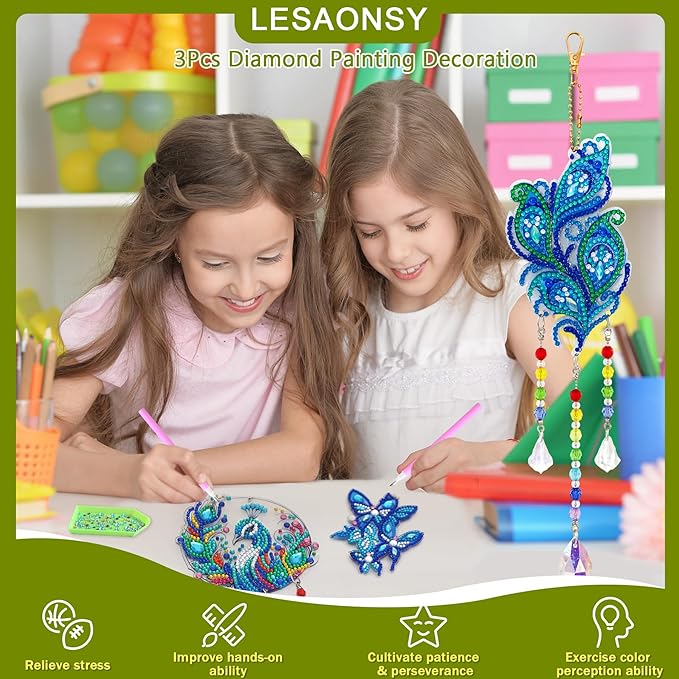 Diamond Art Kits for Teens/Adults/Beginners | DIY Arts & Crafts Birthday Gifts, 3 PCS Diamond Art Suncatcher Craft Kit Crystal Window Garden Decor Set (Peafowl Butterfly)