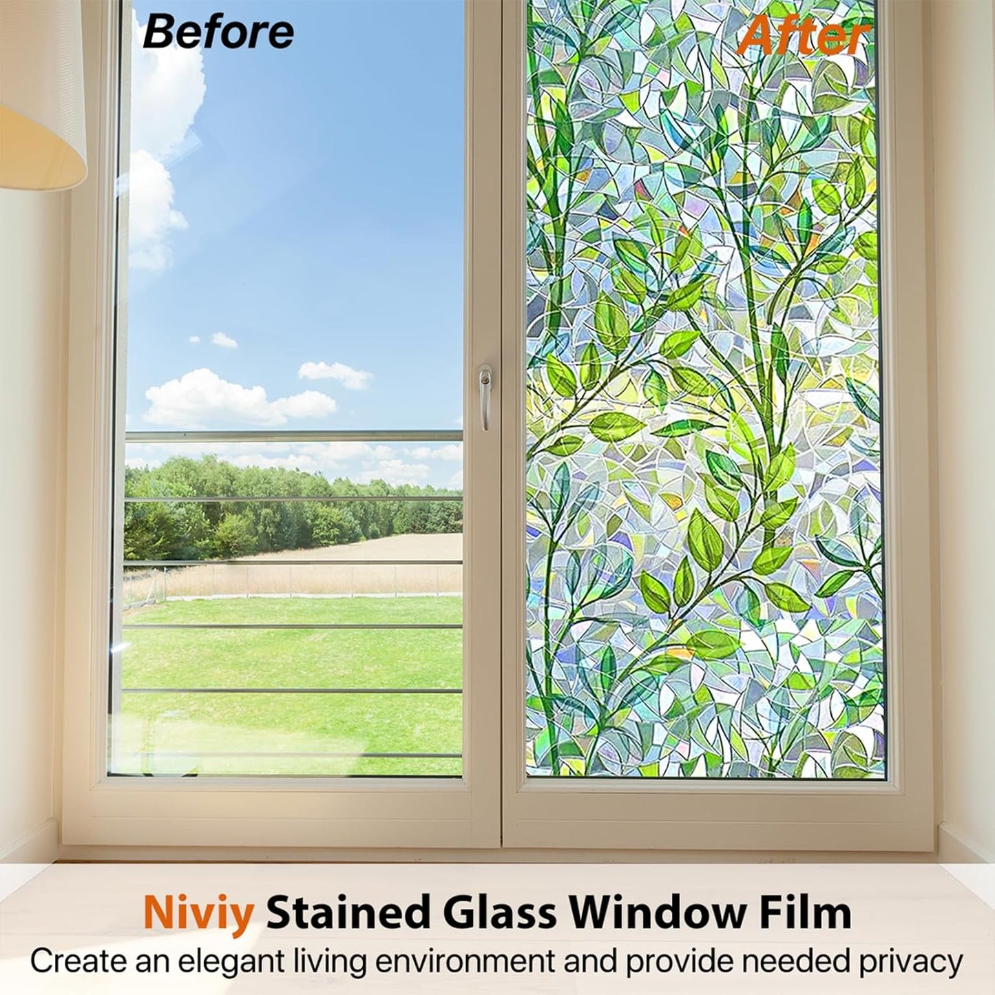 Niviy Window Privacy Film Stained Glass Window Film with Installation Tools, Rainbow Windows Decorative Decals Non-Adhesive Reusable for Home, Bathroom, Glass Door (Leaf Rainbow, 35.4 x 118 in)
