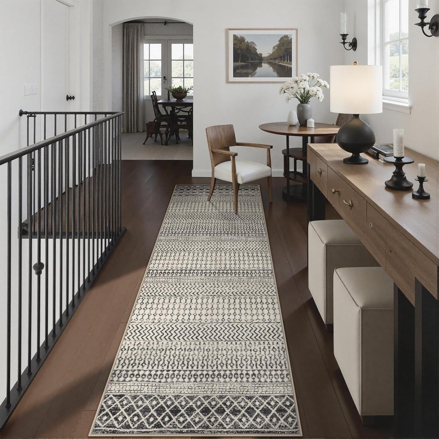 Moroccan Hallway Runner Rug, 2'6''x8' Ktchen Rugs Non Slip Washable, Low-Pile Distressed Bathroom Runner Rug Black Rugs for Bedroom Bathroom Kitchen Entryway Laundry Room