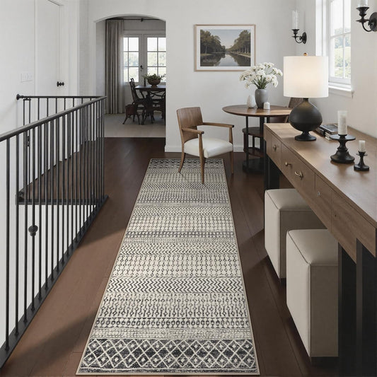 Moroccan Hallway Runner Rug, 2'6''x8' Ktchen Rugs Non Slip Washable, Low-Pile Distressed Bathroom Runner Rug Black Rugs for Bedroom Bathroom Kitchen Entryway Laundry Room