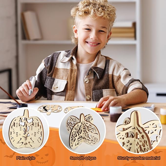 COCHIE DIY 3D Halloween Pumpkin Wood Crafts to Paint for Kids Adults, Paintable Unfinished Wooden Slices for Craft, Cutouts Ornaments for Painting Decorations (24 PCS)