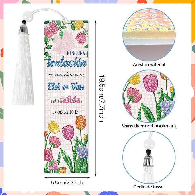 8 Pieces Christian Bible Verse Diamond Art Bookmarks 5d Christian Beaded Bookmark Acrylic Tassel Bookmark for DIY Making Beginners Kids Adults Arts Craft Supplies (Spanish)