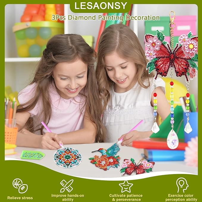 Diamond Art Kits for Teens/Adults/Beginners | Girl & Boys DIY Arts & Crafts Birthday Gifts, 3 PCS Diamond Art Suncatcher Craft Kit Crystal Window Garden Decor Set (Hummingbird Butterfly)