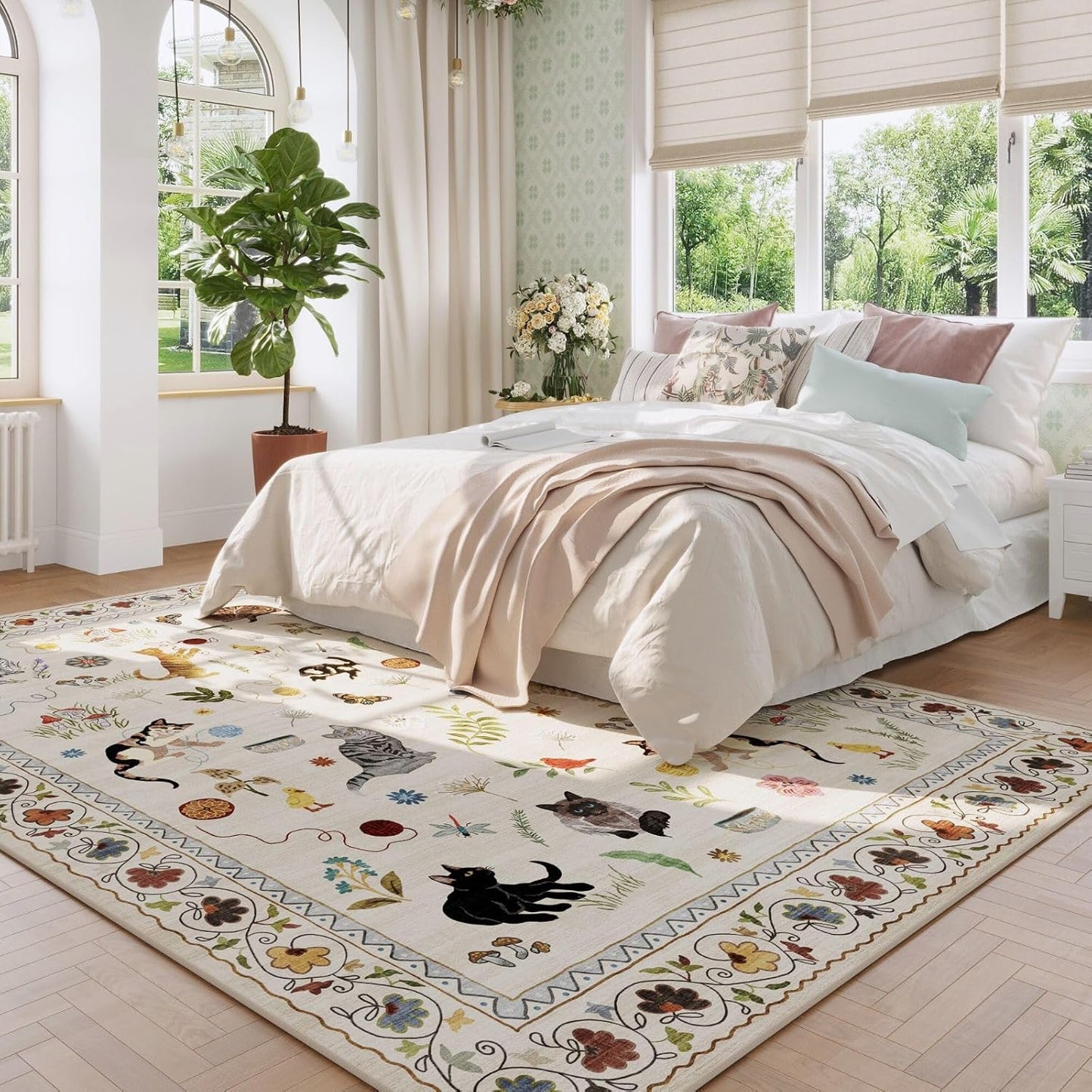 Rugcomf Area Rugs 9x12 Living Room Clearance Washable Boho Rug Non Slip Floral Animal Cat Vintage Low Pile Large Rug for Living Room Bedroom Farmhouse Dining Room Kids Playroom, Beige