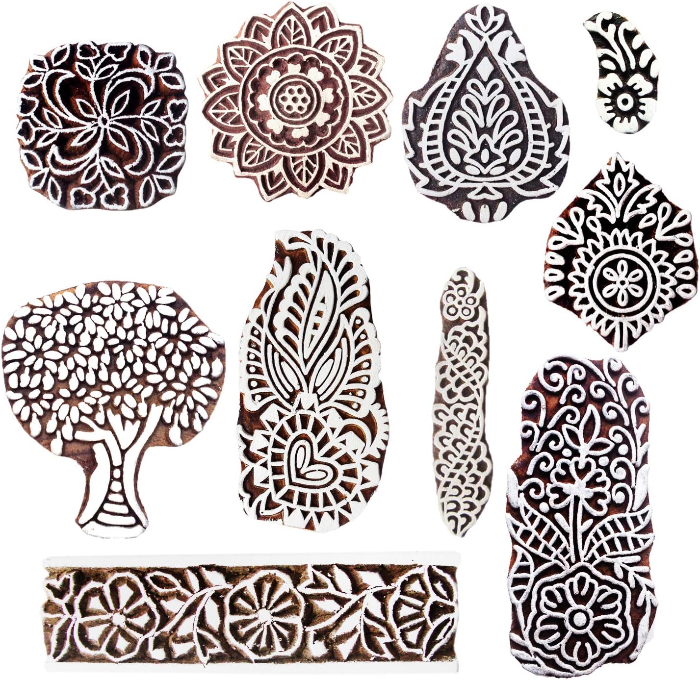 Royal Kraft Wooden Stamps for Block Printing on Saree Border, Textile, Clay, Pottery, Tattoo (Set of 10) MXtag0005