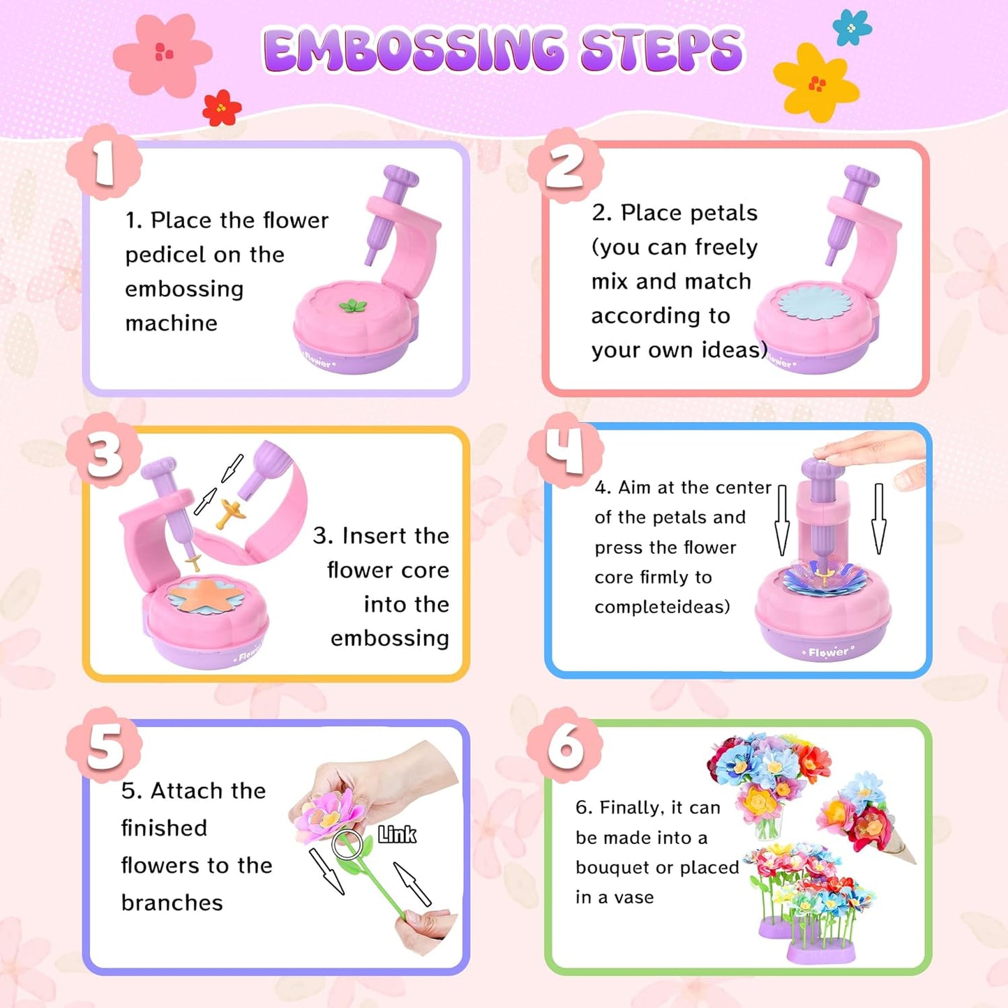 GirlsHome 300+PCS Fabric Flower Bouquets Toys, DIY Flower Crafts Kits for Kids, Arts and Crafts for Kids Ages 6-8 Girls, Build Flower Bouquet, STEM Educational Toy Preschool Gifts (Purple Pink)