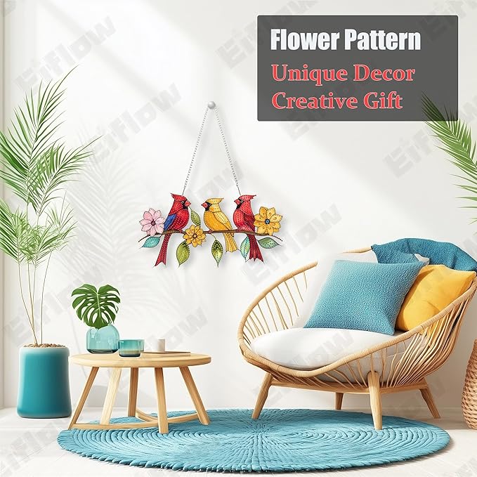 Eiflow 11.7x6.3in Acrylic Diamond Art Hanging Kit for Adults Cardinal Birds, DIY Diamonds Painting Door Hanger Board Kit, Special Crystal Diamond Art Painting Pendant Ornament