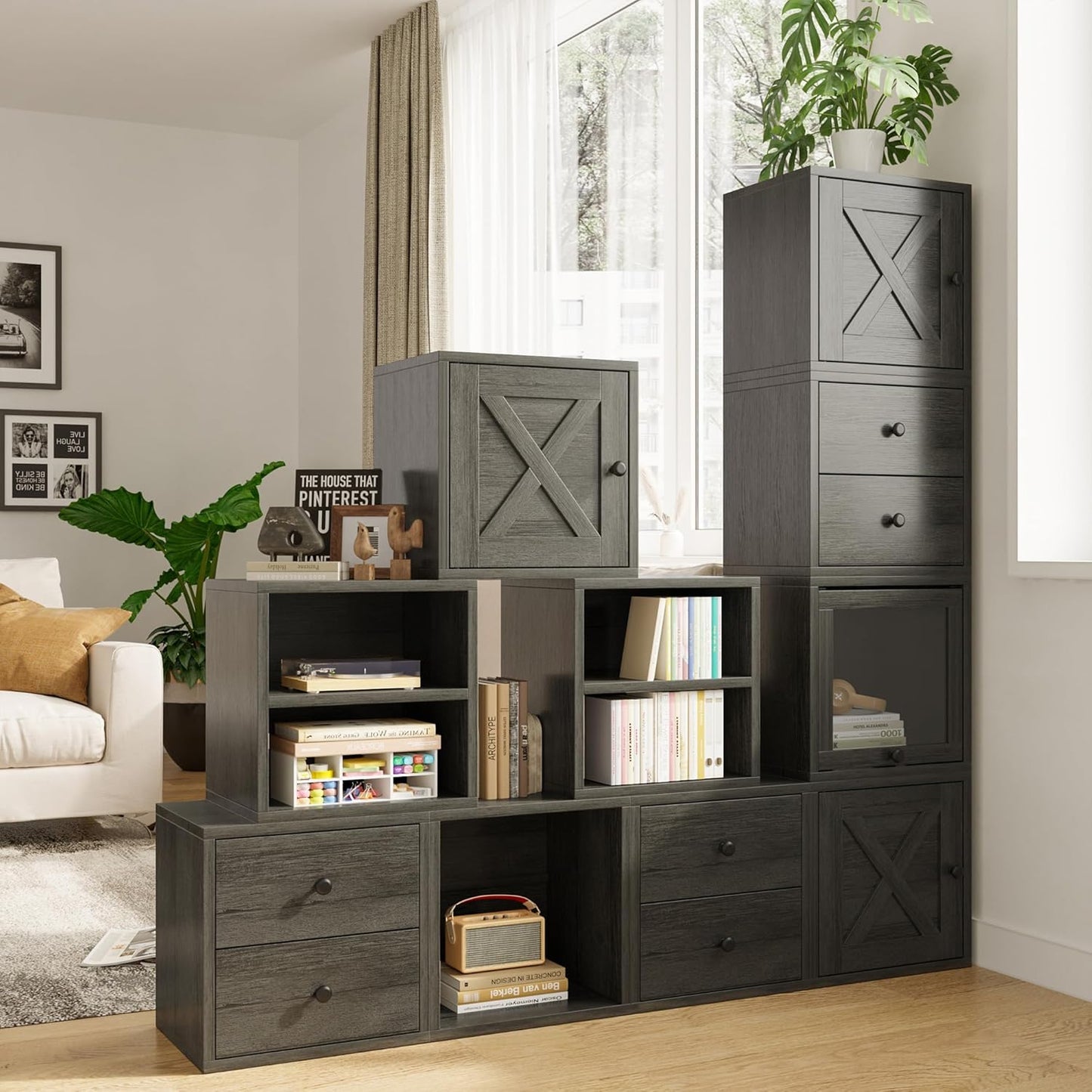 FUSUNBAO Magic DIY Cube Storage Organizer Stackable Cubes for Home Books Clothes Toy-Modular Cubby Storage System-Office Cubical-Bookcase Closet(French Oak,General Cube)