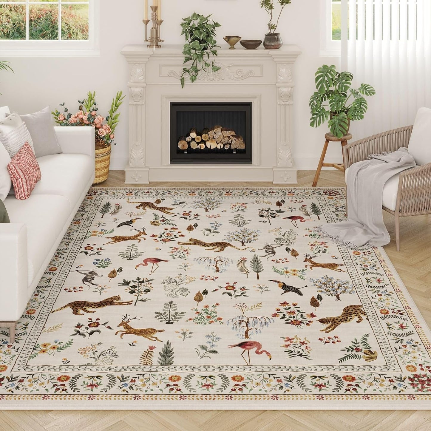 Rugcomf Living Room Rug 6x9 Rug Machine Washable Boho Area Rug Non Slip Floral Animal Vintage Low Pile Large Rug for Living Room, Bedroom, Farmhouse, Dining Room, Kids Playroom (Beige)