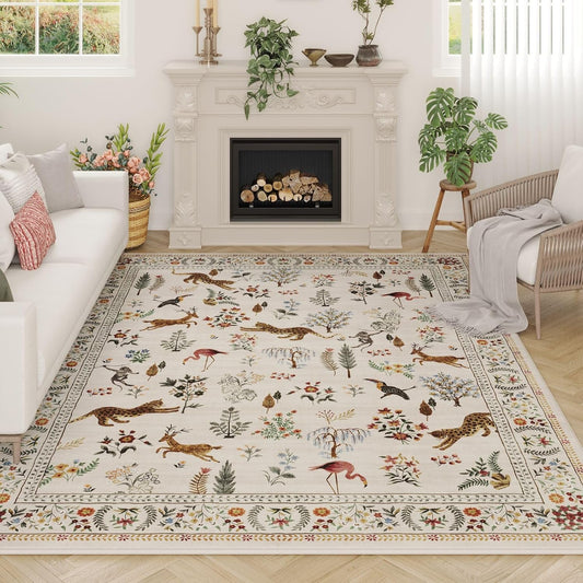 Rugcomf Living Room Rug 5x7 Rug Machine Washable Boho Area Rug Non Slip Floral Animal Vintage Low Pile Large Rugs for Living Room, Bedroom, Farmhouse, Dining Room, Kids Playroom (Beige)
