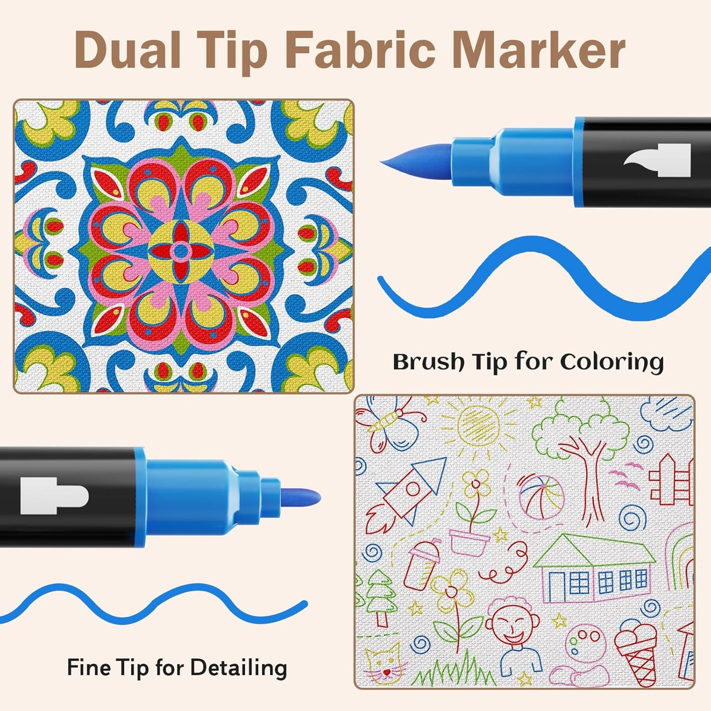 Fabric Markers Permanent for Clothes, Dual Tips Fabric Paint Pens No Bleed for Canvas, T-Shirts, Bags, and Textile - Quick Dry & Non-Toxic for Kids Adults, 5 Pack