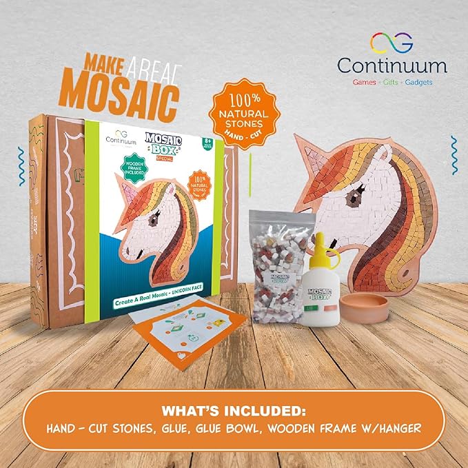 Continuum Games Mosaic Box Natural Stone Arts and Crafts Picture Puzzles DIY Craft Kit for Adults and Kids - Unicorn Face