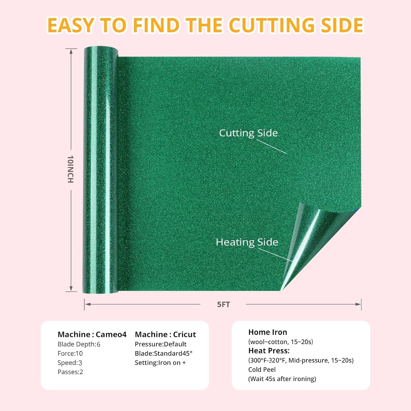 HTVRONT Green Glitter Heat Transfer Vinyl - 10" x 5FT Green Glitter HTV Vinyl for T-Shirts, Green Glitter Iron on Vinyl for All Cutter Machine（Green Glitter）