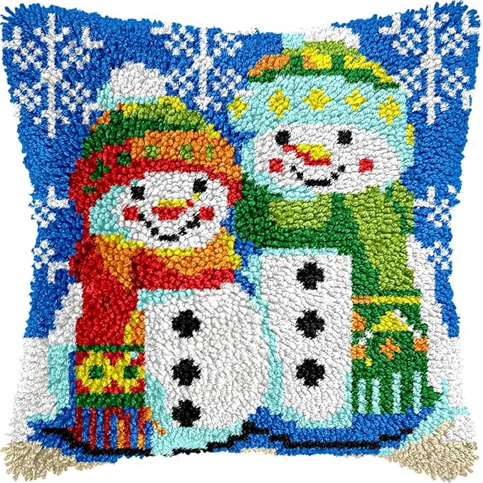 Couple Snowman Christmas Latch Hook Kits for Adults Kids, Beginners DIY Latch Hook Pillow Kit Pre-Printed Latch Hook Rug Kits Cross-stitch Embroidery Cushion for Home Sofa Decoration 17x17 in.