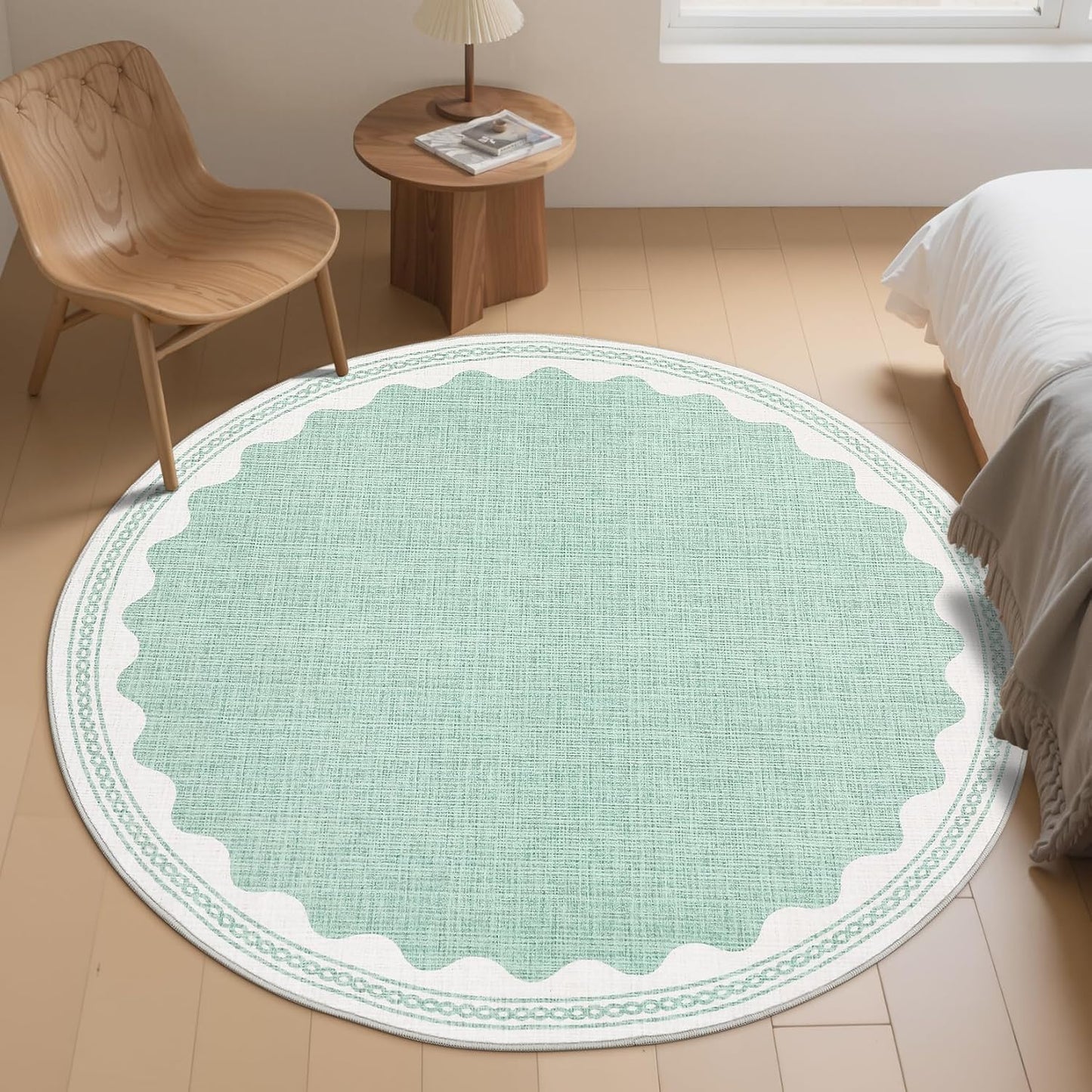 Scalloped Round Rug 6ft, Small Area Rugs Solid GreenRug for Bedroom Girls, Washable Rugs for Living Room, Non Slip Scalloped Round Bath Mat, Soft Dorm Nursery Carpet for Bedside