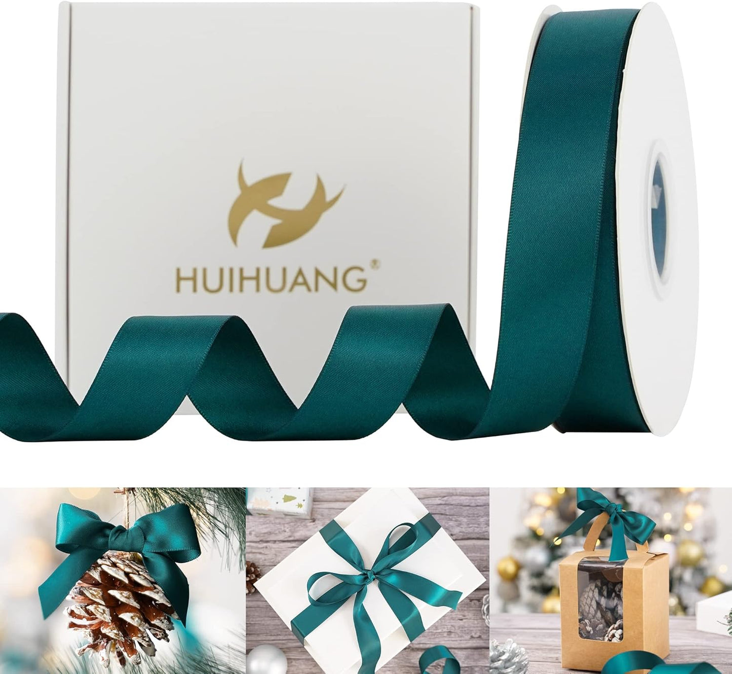 HUIHUANG Teal Green Ribbon 1 inch x 50 Yards Double-Faced Satin Silk Ribbon for Gift Wrapping, Crafts, Wedding, Christmas Tree Decor