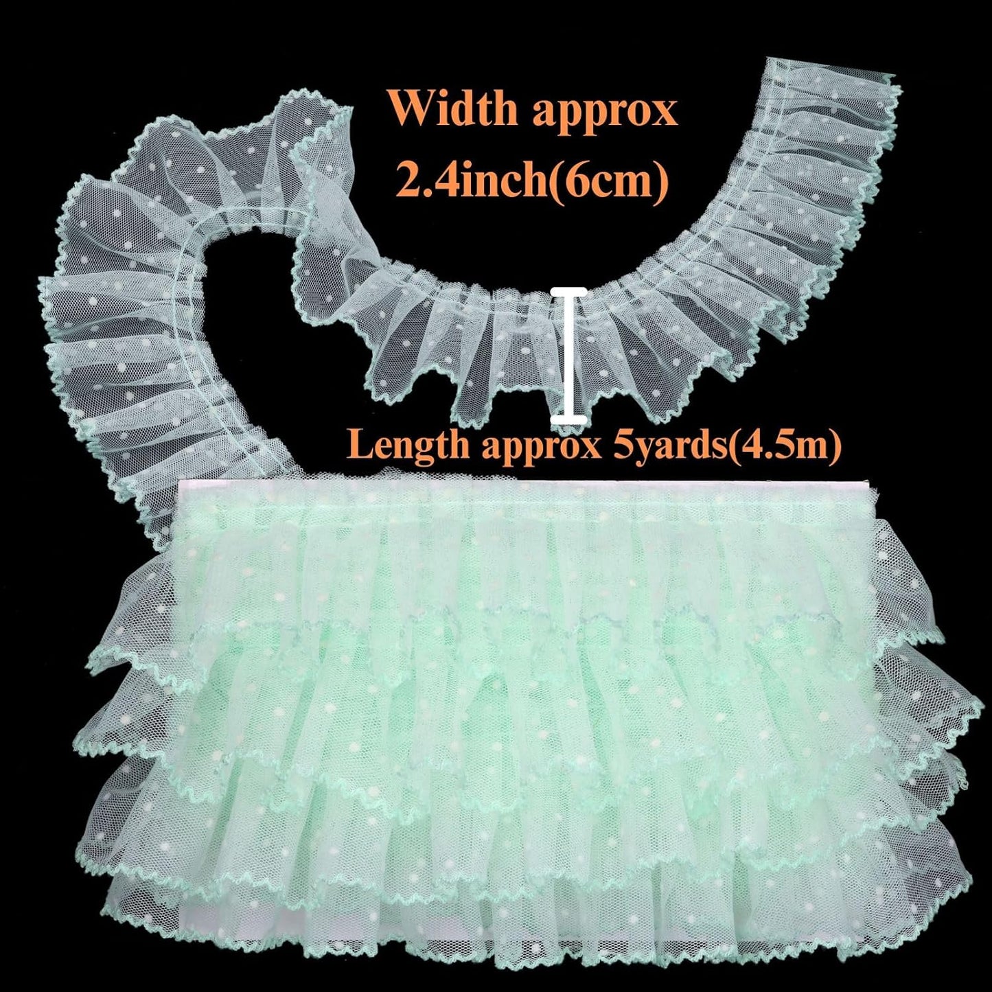 Dots Lace Ruffle Trim for Sew, Crafts 2.4" x5yd Single Layer Pleated Edge Lace Ribbon (Light Green)
