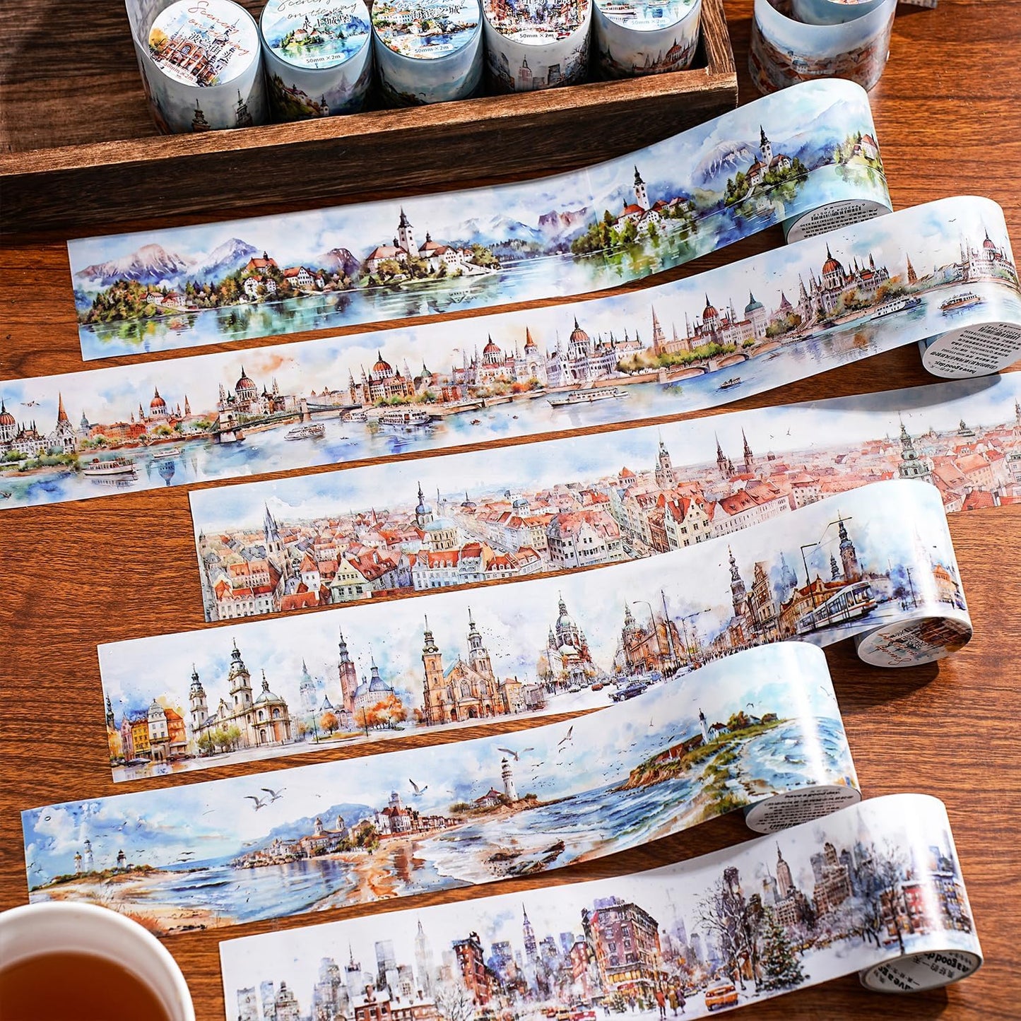 6 Rolls Landscape PET Tape Set,Self-Adhesive Transparent Tape Stickers for Scrapbook Supplies,Journaling,DIY Craft,Planner(Scenery Along The Way)