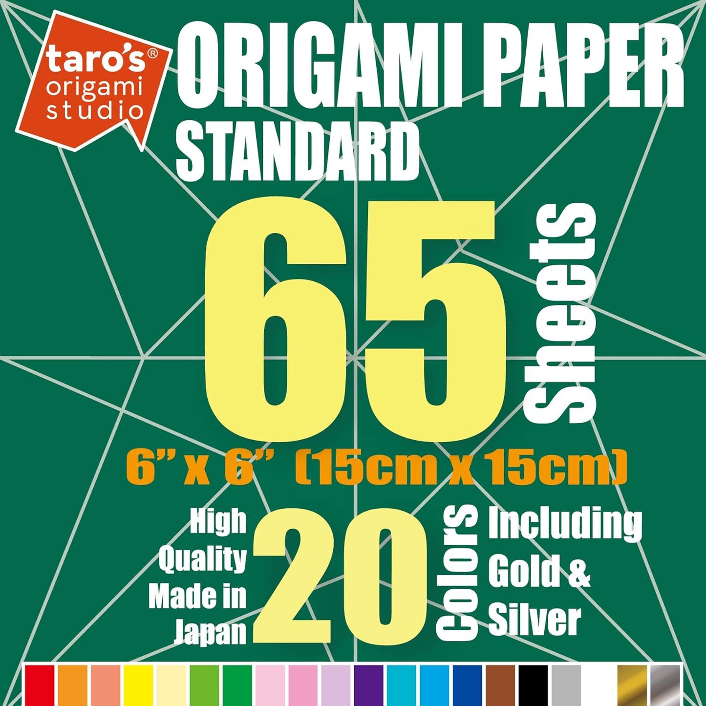 [Taro's Origami Studio] Standard 6 Inch One Sided 20 Colors 65 Sheets Square Easy Fold Premium Japanese Paper for Beginner (Gold and Silver Included) Made in Japan