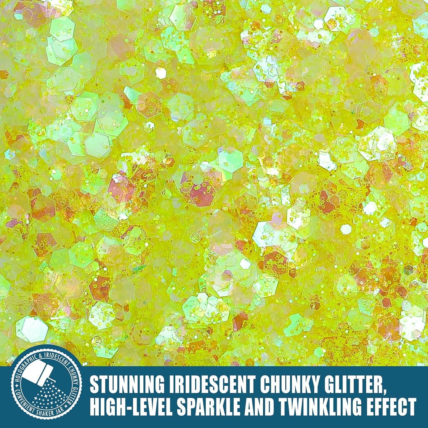 Iridescent Chunky Glitter 5.64oz/160g, Ultra Fine Glitter Powder Mixed Chunky PET Flakes Sequins for Resin Epoxy Craft Arts, Tumbler, Cosmetic Glitter for Body Nail Hair Eye Party (Iridescent Yellow)