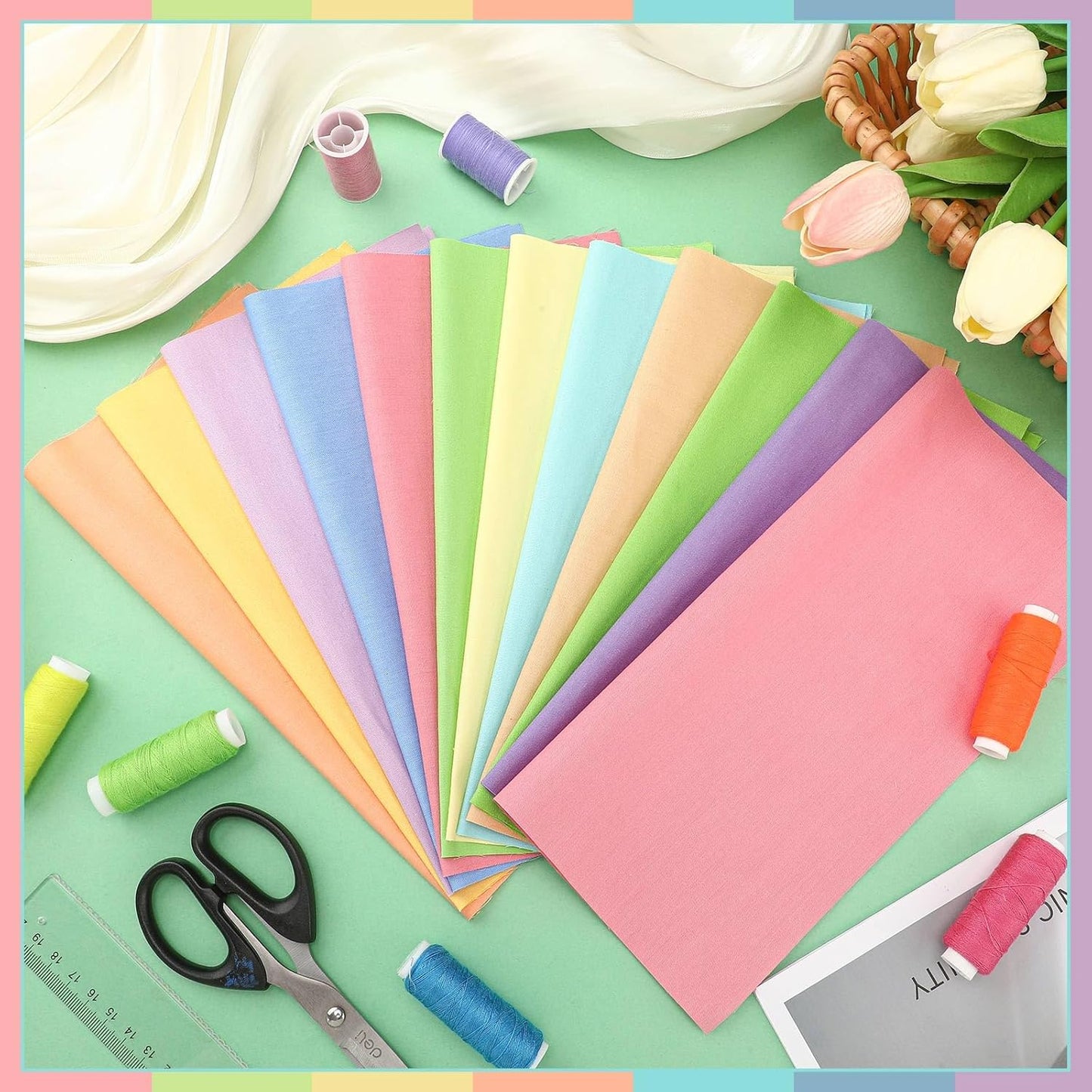 Ganeen 60 Pcs 10 x 10 Inch Pastel Pure Cotton Quilting Fabric Squares Candy Solid Quilted Fabric Bundles Rainbow Color Fat Patchwork Precut Stripes for Handmade Material Sewing DIY Crafts