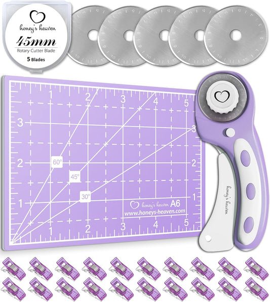 Honey's Heaven Rotary Cutter Set - Quilting Kit incl. 45mm Fabric Cutter, 5 Replacement Blades, A6 Cutting Mat and Craft Clips - Ideal for Crafting, Sewing, Patchworking, Crochet & Knitting