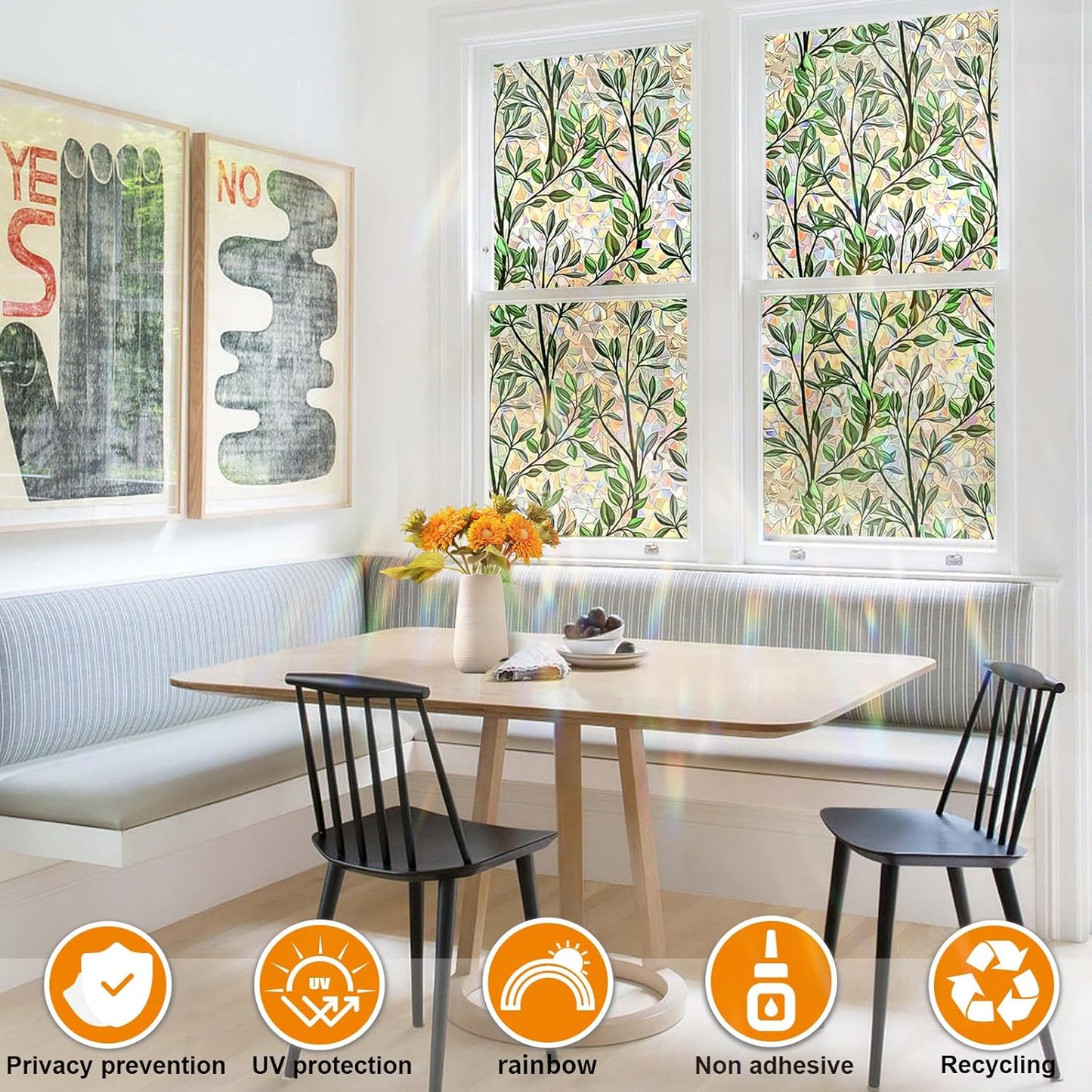 Window Privacy Film Stain Glass Window Film Rainbow Window Film Window clings Non-Adhesive Reusable Decorative for Room (Leaf Rainbow, 45.2 x 157.4 in)