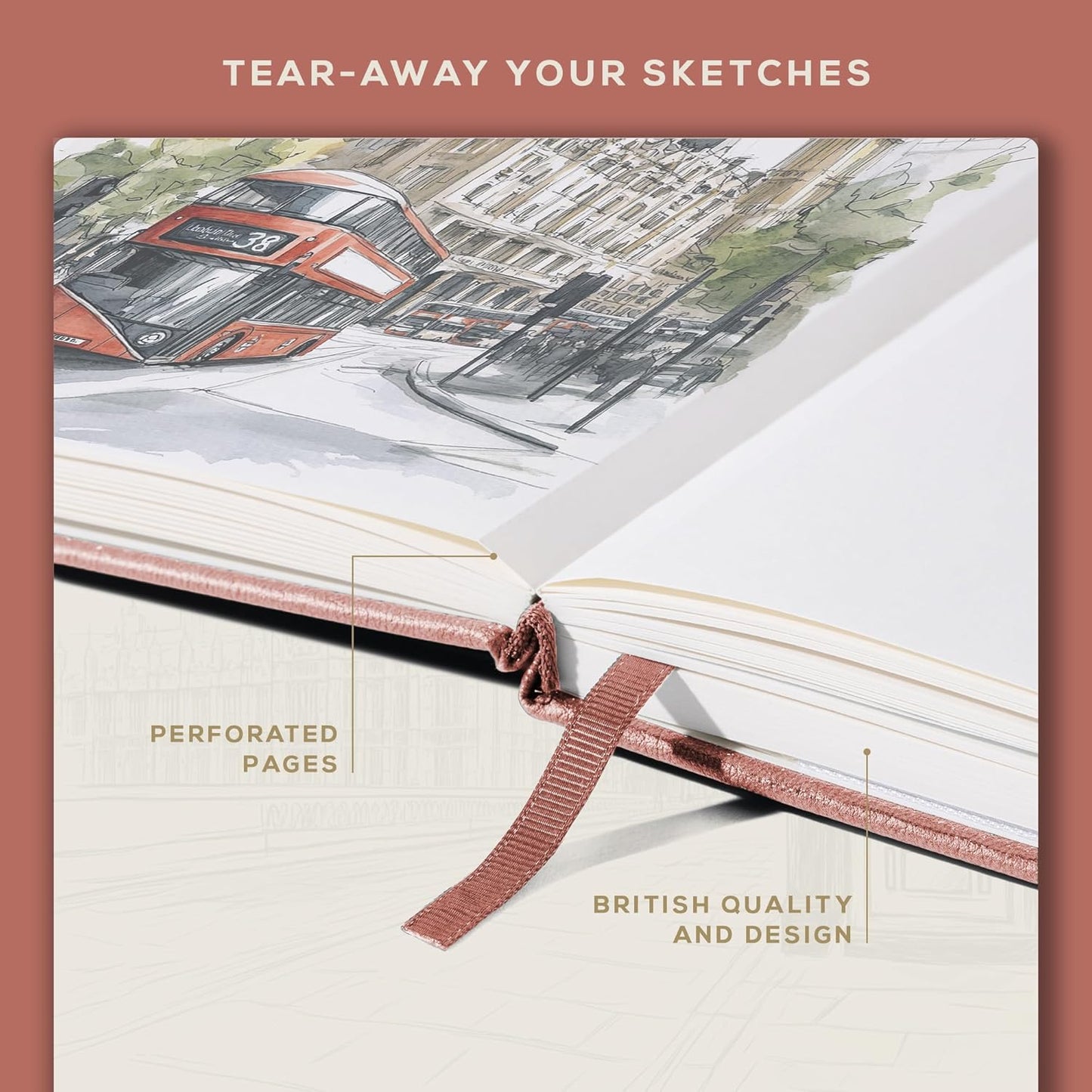 Beechmore Books Square Sketchbook – 8x8 Premium Vegan Leather Bound Large Sketch Book Hardcover with 156 Thick 160gsm Perforated Ivory Pages, Blank Sketch Pad, Gift Boxed Back Pocket, Ribbon Bookmark