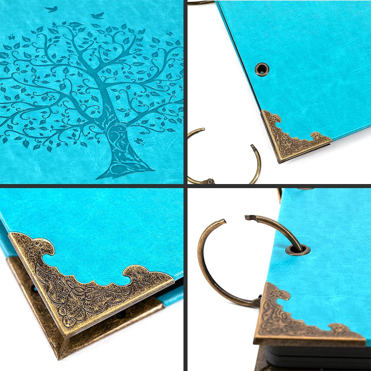 Photo Album DIY Scrapbook, 10x10 inch 50 Pages Vintage Leather Cover Three-Ring Binder Picture Booth Albums + 9 Colors 408pcs Self Adhesive Photos Corners for Memory Keep (Family Tree, Cyan)