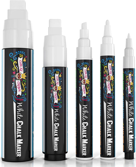 CHALKY CROWN 5pc White Chalk Markers - Non-Toxic Liquid Chalkboard Markers, White Liquid Chalk Marker for Windows, Glass - 1, 3, 6, 10, 15mm Tips