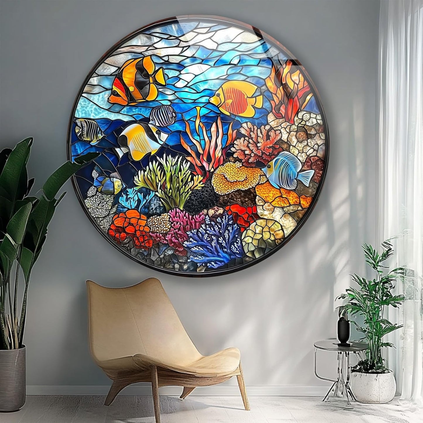 My Photostation.com 39,4''(100cm) Diameter Coral Reef Mosaic Round Glass Wall Art Tempered Glass Printing Wall Decor Large Wall Art Wall Hangings