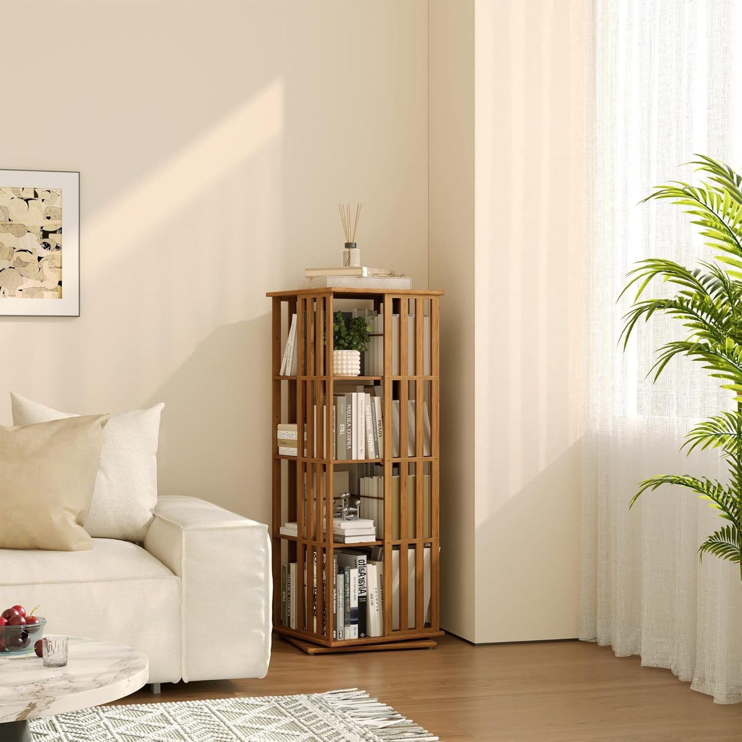 YOWOS Rotating Bookshelf Tower, 360 Display Spinning Bookcase, Bamboo Bookshelf Floor Standing Storage Rack, Wood Narrow Book Shelf Organizer for Kids&Adults (Walnut, 4 Tier)