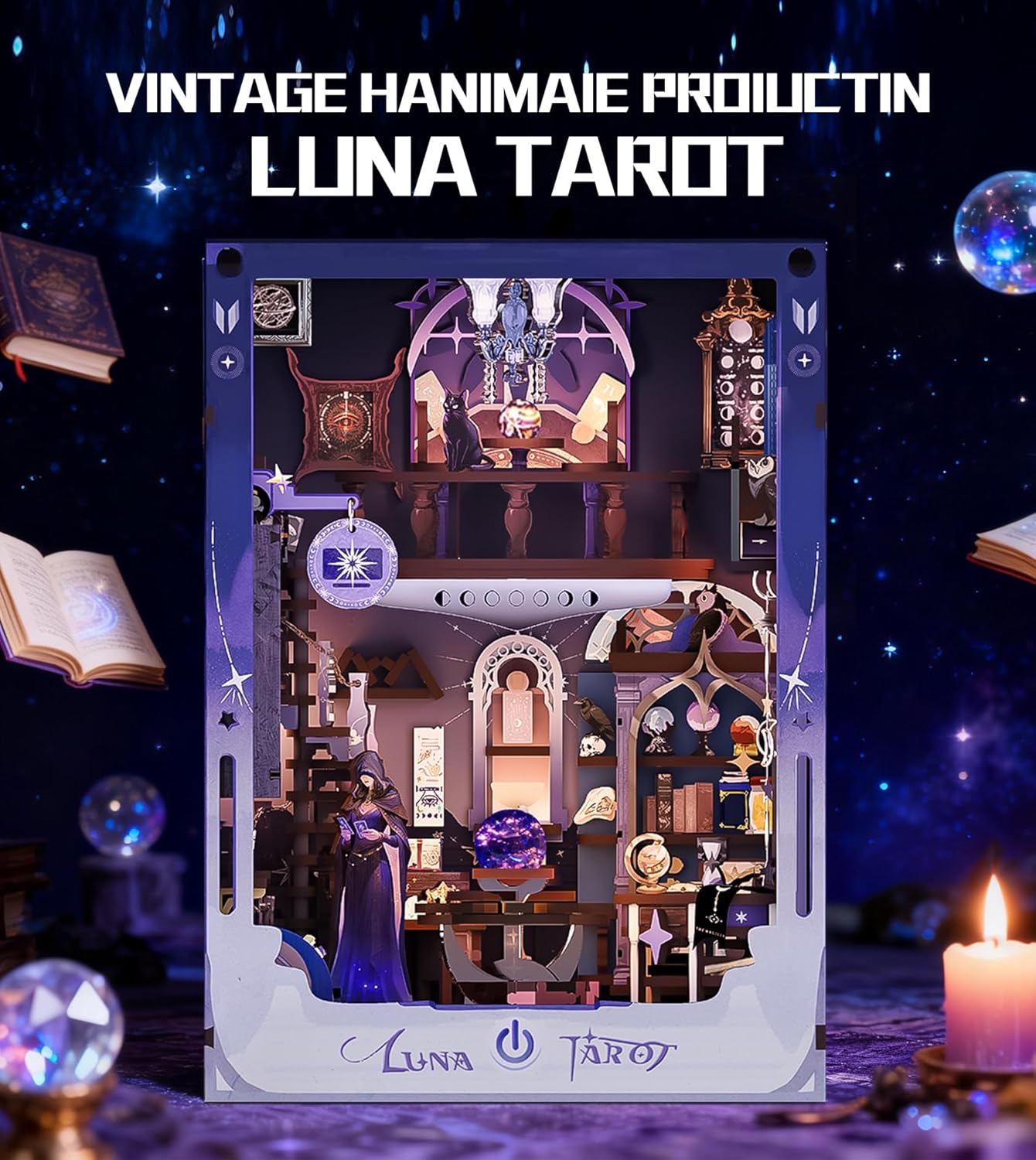 DIY Booknook Kit,3D Wooden Puzzle Miniature Book Nook Kit Insert Decor with LED Light and Dust Cover for Adults and Teens，Gifts for Family, Friends（Luna Tarot）