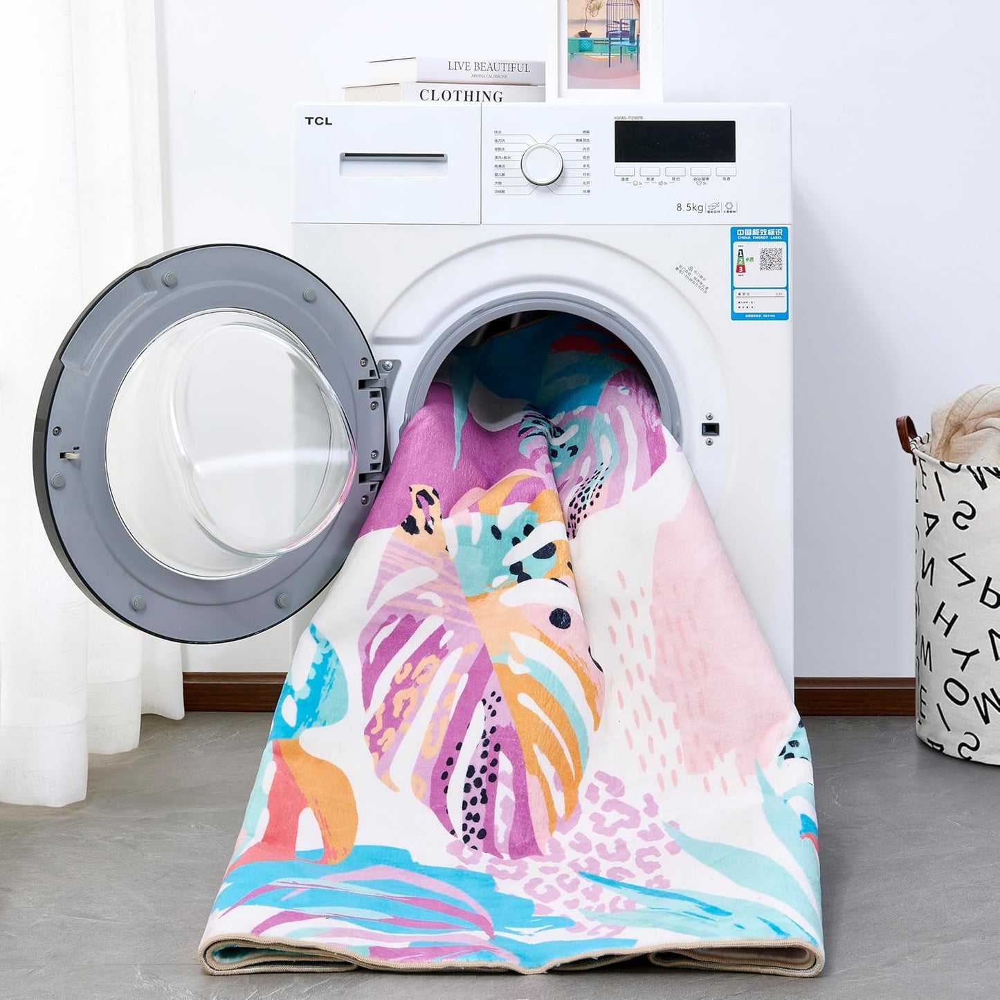 RoomTalks Tropical Leaves Washable Rug, Colorful Pink Blue Boho Cute Floral Aesthetic 5x7 Area Rugs for Bedroom Dorm Living Room Kitchen, Modern Abstract Art Palm Leaf Thin Indoor Entryway Carpet