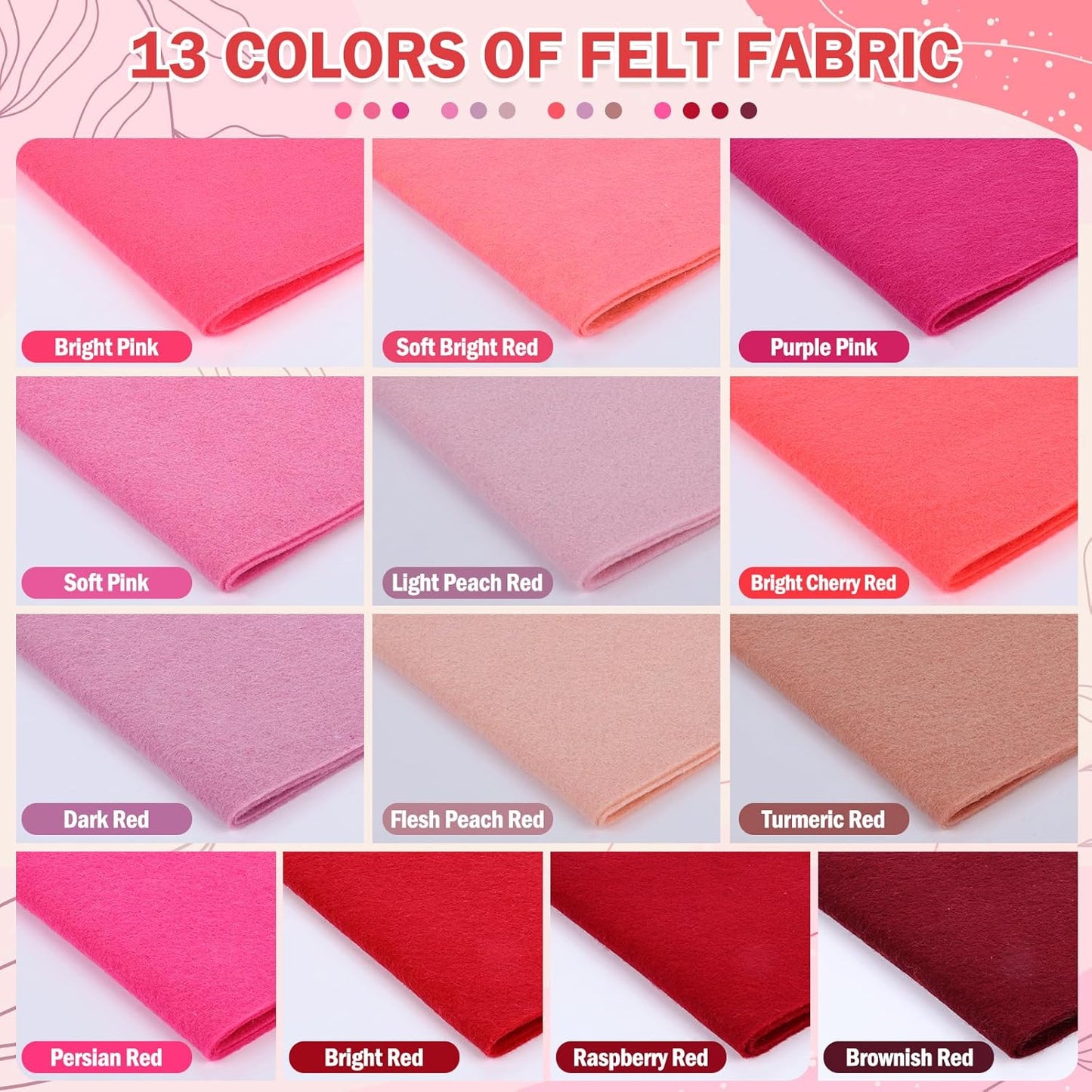 XSEINO 13 Rolls 8"x35" 1.4mm Thick Soft Felt Fabric Sheet 13 Assorted Red Series Colors Felt Pack for DIY Craft Sewing Squares Nonwoven Patchwork