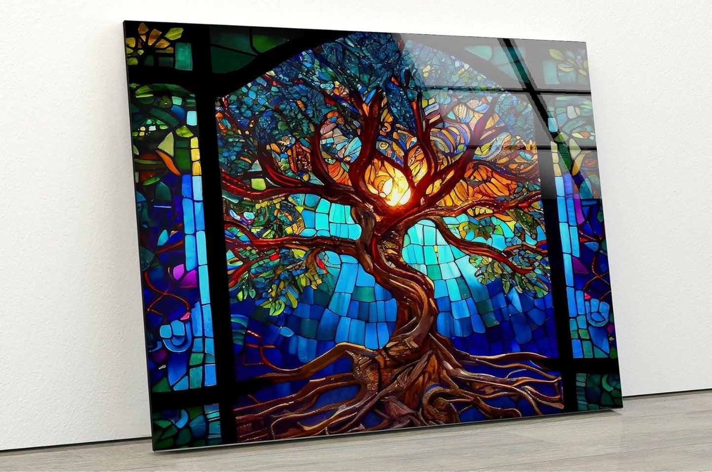 My Photostation.com 43Wx27H'' Stained Blue Life of Tree Glass Wall ArtTempered Glass Printing Wall Decor Large Wall Art Wall Hangings