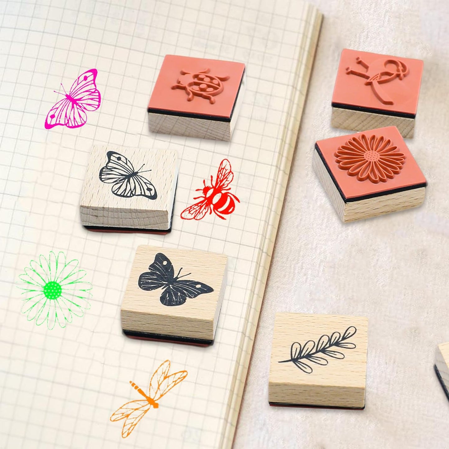 9 PCS Vintage Wooden Rubber Stamps, Wood Stamps for Crafting Pattern of Butterfly Bird Ladybird Flower Plant, Ink Rubber Stamp Set for Scrapbooking, DIY Art and Journals