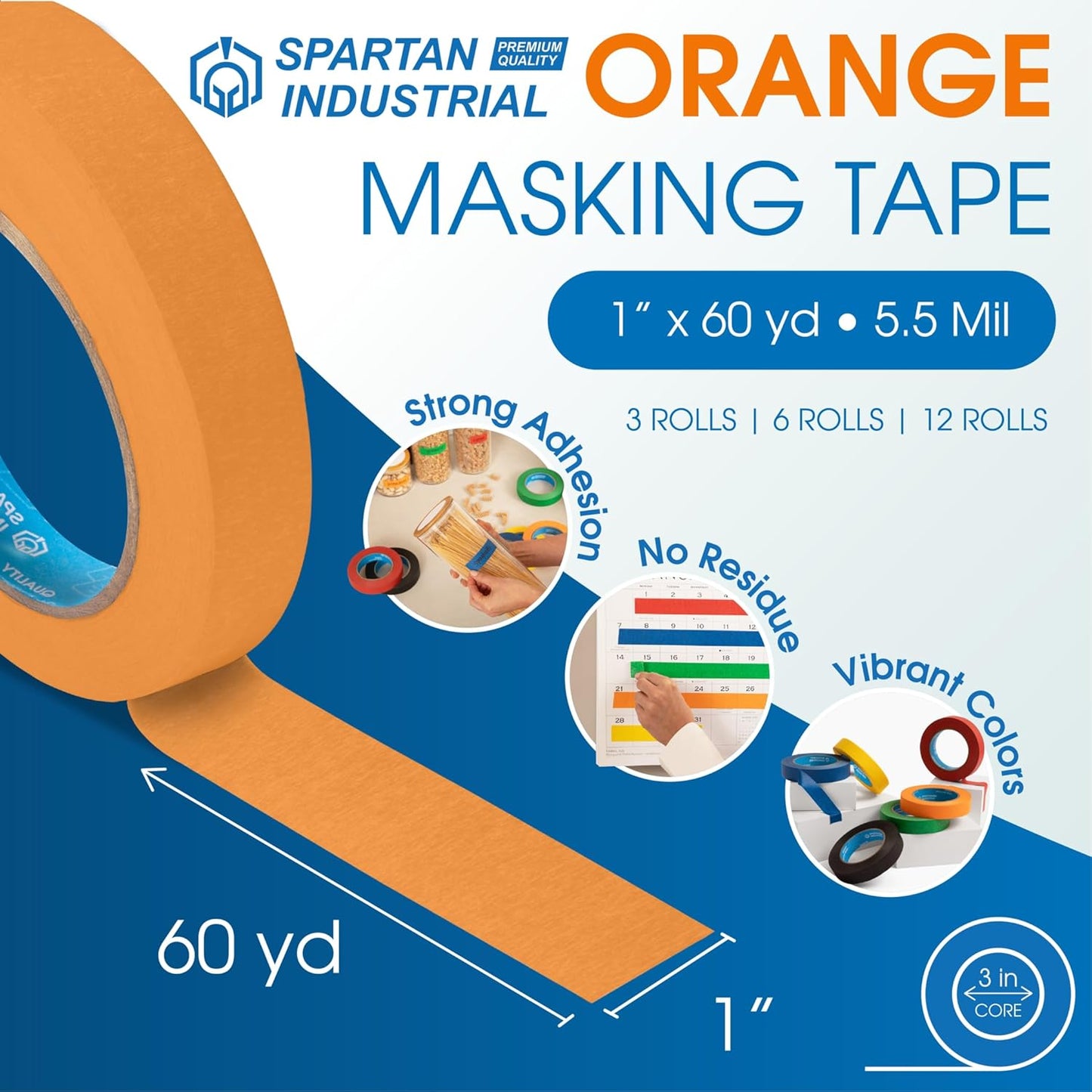 Spartan Industrial - 1" X 60 yd Orange Tape - 6 Colored Masking Tape Rolls for Home, Office, School Use - No Residue, 5.5 Mil