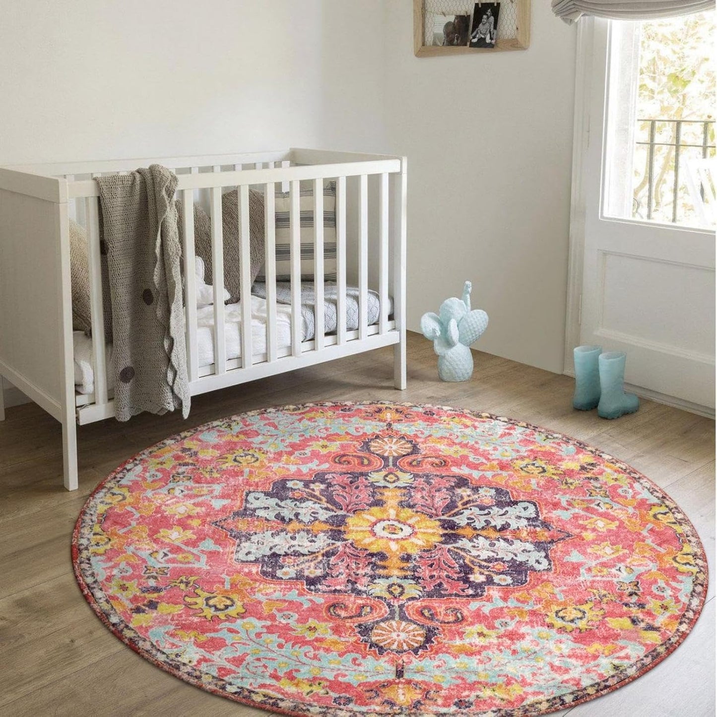 Lahome Bohemian Floral Medallion Round Rug - 4Ft Hot Pink Soft Round Area Rug Bedroom Kitchen Mat, Turkish Washable Indoor Floor Accent Bathroom Carpet for Nursery Living Room Home Office Hallway