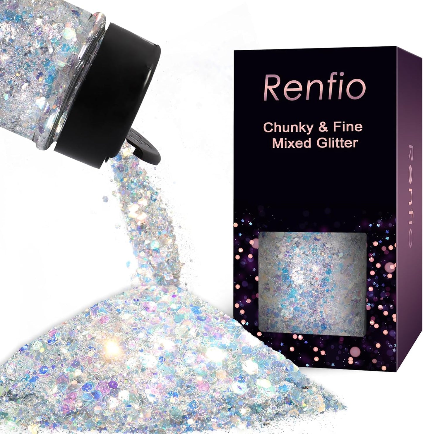 Renfio Opal Chunky Glitter, 1.75oz/50g Silver Glitter, Dreamy High Sparkle Glitter for Crafts Holographic Fine Glitter Mix Iridescent Glitters Flake for Resin Nails Art Hair DIY Snow Globe - Azure Sea