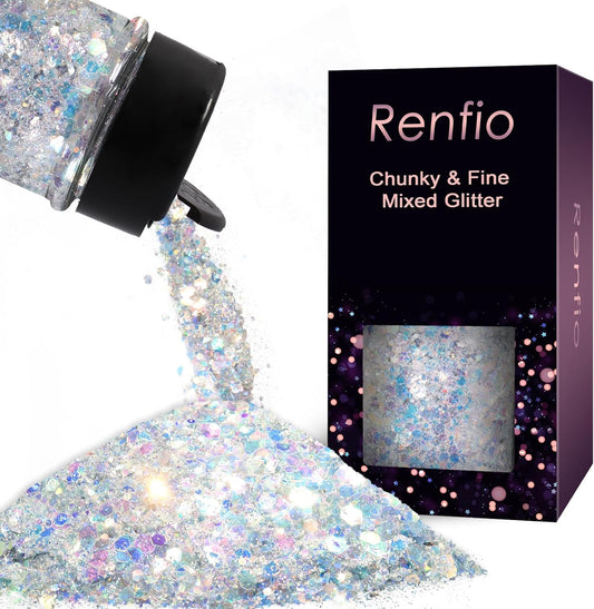 Renfio Opal Chunky Glitter, 1.75oz/50g Silver Glitter, Dreamy High Sparkle Glitter for Crafts Holographic Fine Glitter Mix Iridescent Glitters Flake for Resin Nails Art Hair DIY Snow Globe - Azure Sea