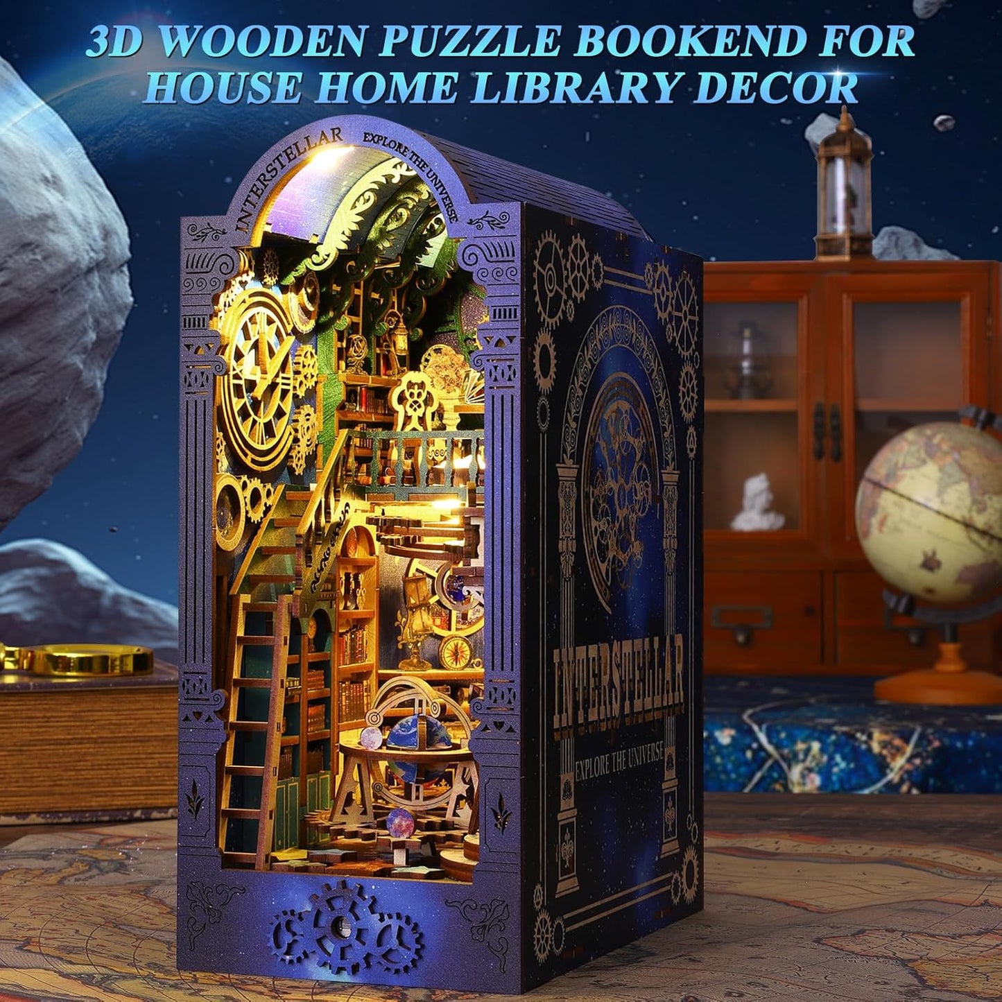 DIY Book Nook Kit Dollhouse Magic Booknook Bookshelf Insert Decor 3D Wooden Puzzle Bookend Miniature Kit with Sensor Light Creative Craft/Home Decoration for Adult (Interstellar Exploration)
