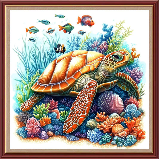 DMCXART Counted Cross Stitch Kits for Adults Needlepoint Kits Unprinted Cross Stitching Embroidery Kit 11CT Cross Stitch Supplies-Turtle Coral Fish 18x18 inch