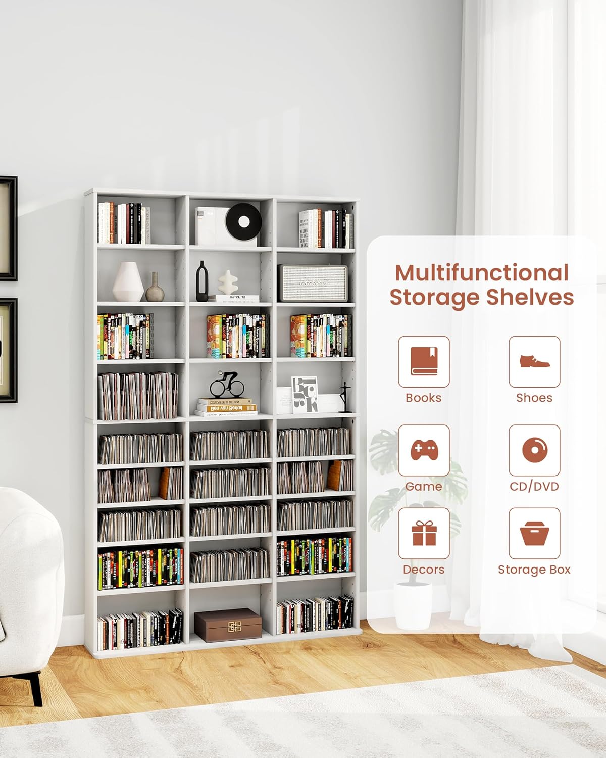 DVD Storage Shelf with Adjustable Shelves, 8-Tier Modern Media Tower for CDs, DVDs, Video Games, DVD Rack Cabinet Organizer for Living Room, Bedroom, Office