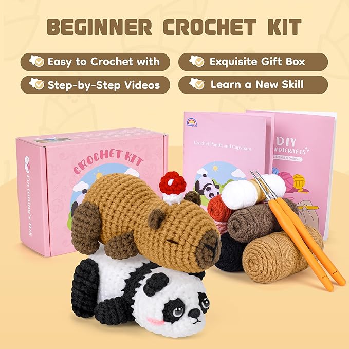 Fortuning's JDS Crochet Kit for Beginners, Panda & Capybara Crochet Animal Kits, Easy Crochet Kit for Adults and Kids, Complete DIY Craft Knitting Kit w/Step-by-Step Video Tutorials Christmas Gifts